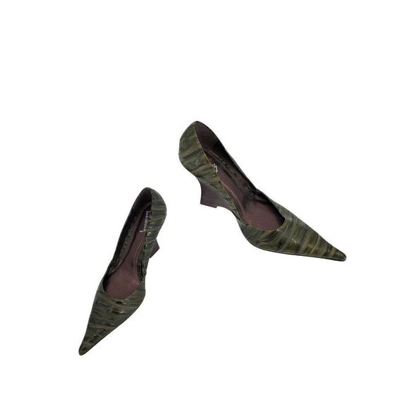 Vintage Y2K Luichiny Leather Heels 7 Green Texture Curved Stacked Wedge Artsy - Picture 12 of 16